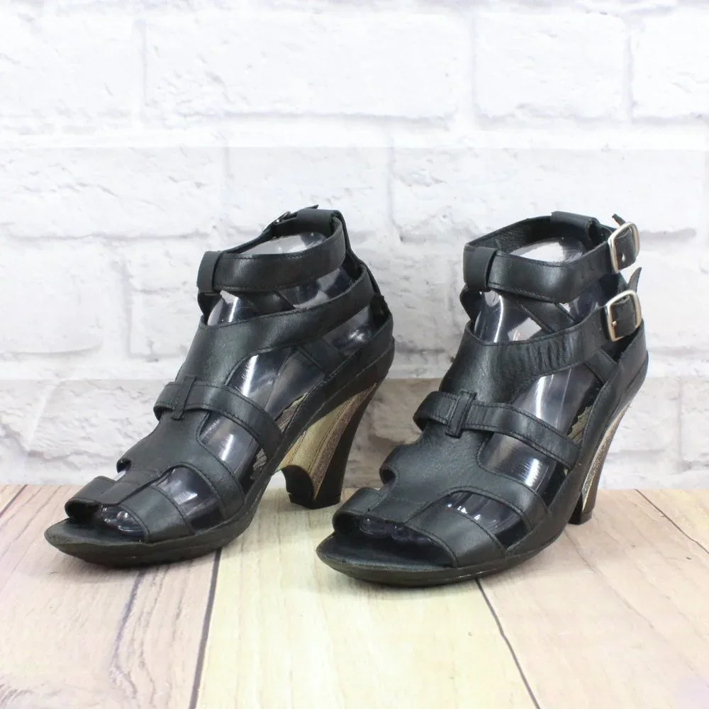J. Denise Black Leather Ankle Strappy Gladiator Heels Pump Shoes Size US 10 - Picture 2 of 9